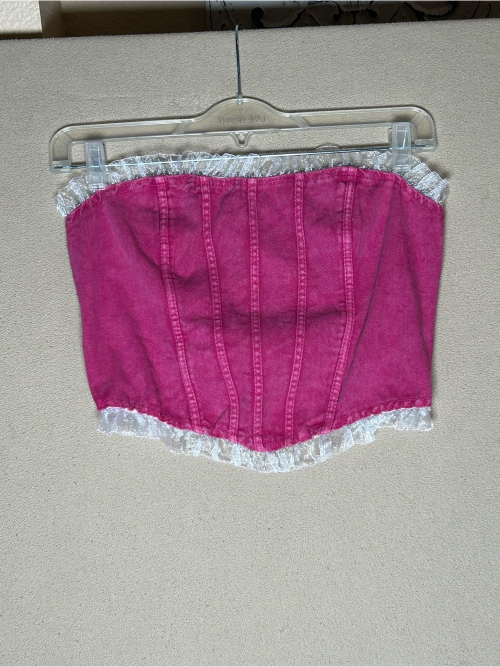 Pink denim corset cropped with white lace back zipper top. Size Large
